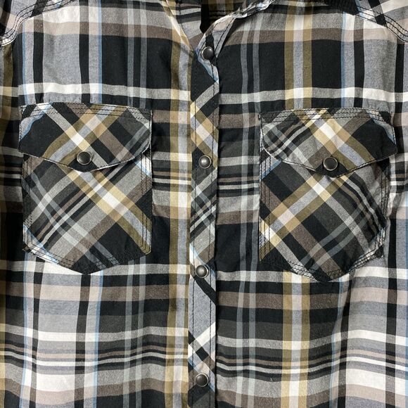 Reclaim‎ Shirt Mens Medium Black Brown Plaid Snap Up Pockets Western Long Sleeve - Picture 3 of 10